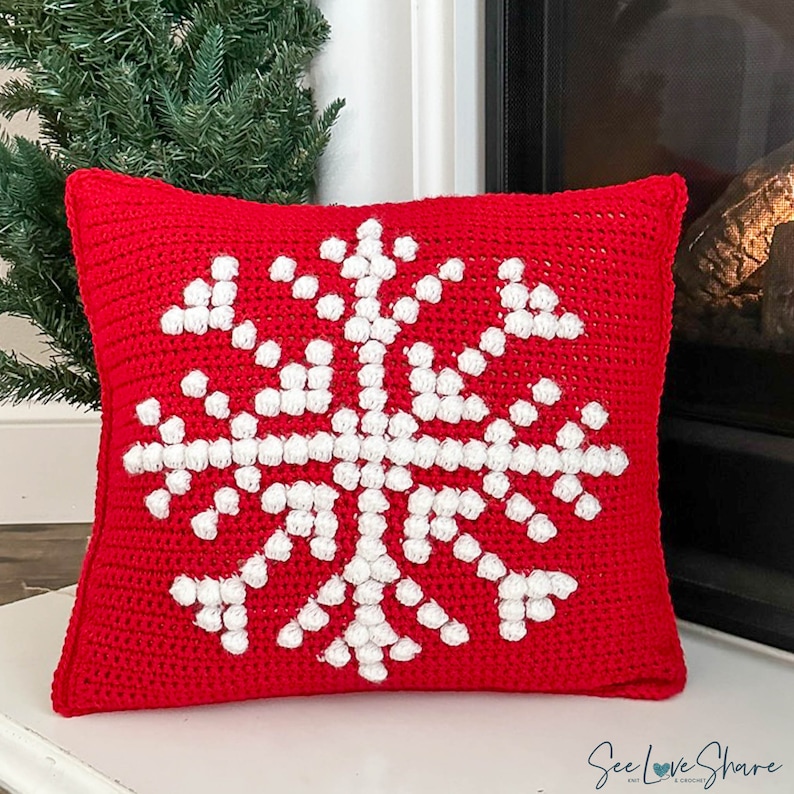 Snowflake Bobble Stitch Pillow Crochet PATTERN Pillow Christmas Cover Farmhouse Decor Crochet Cushion Pattern Holiday DIY Handmade image 1