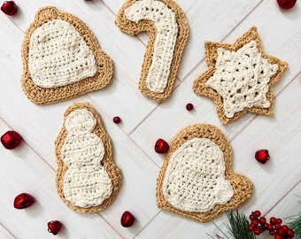 Set of Winter Sugar Cookie Ornaments Beanie, Candy Cane, Snowflake, Mitten, Snowman - Crochet Pattern, gift, decor, handmade, christmas