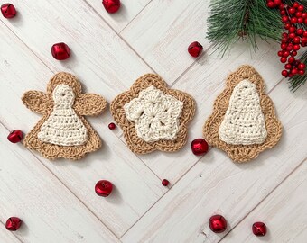 Mini Set of Christmas Sugar Cookie Ornaments ANGEL, TREE & STAR  - Crochet Pattern, gift, present, decor, handmade