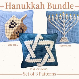 May include: Three blue crochet cushions with Hanukkah designs. One cushion features a dreidel, another a menorah, and the third a Star of David. The text "Hanukkah Bundle" and "Set of 3 Patterns" are displayed.
