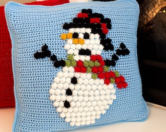 Snowman Bobble Stitch Pillow Crochet PATTERN Pillow Christmas Cover Farmhouse Decor Crochet Cushion Pattern Holiday DIY Handmade