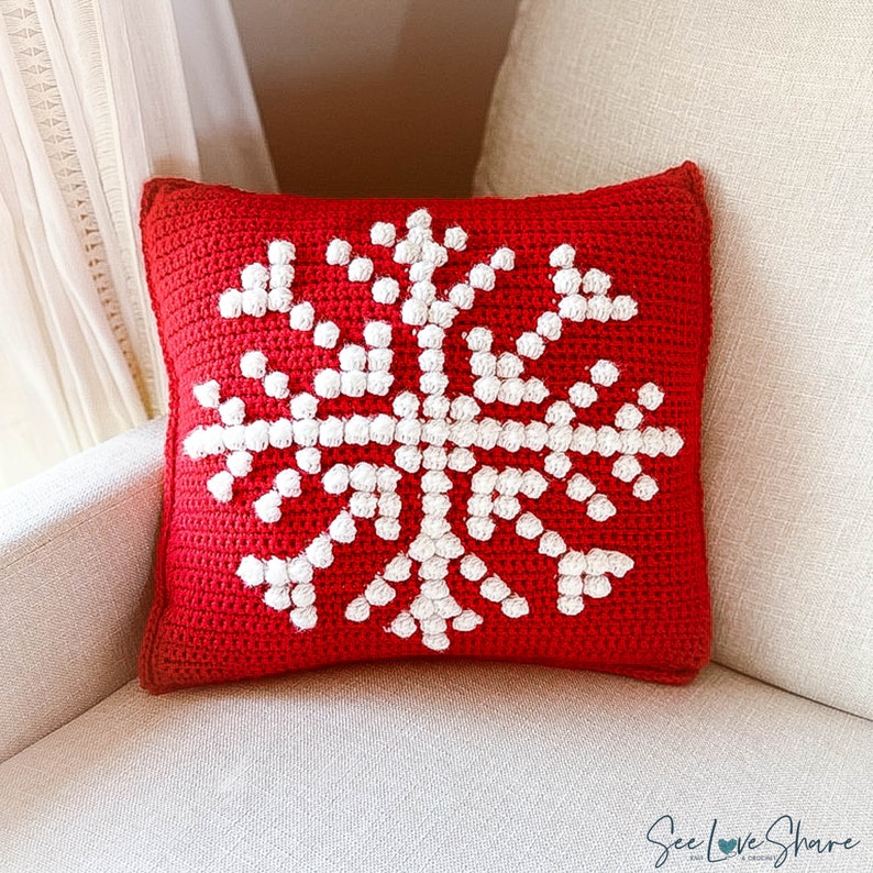Snowflake Bobble Stitch Pillow Crochet PATTERN Pillow Christmas Cover Farmhouse Decor Crochet Cushion Pattern Holiday DIY Handmade image 8