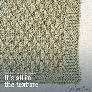 May include: A knitted fabric featuring a raised diamond pattern in a light tan colour. The textile has a distinct border with a garter stitch edge. Text overlay reads: THE QUILTED-LOOK DIAMOND It's all in the texture. See Love Share logo is visible.