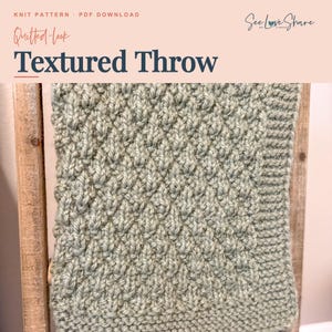 May include: A sage green knitted throw blanket featuring a repeating quilted-look textured pattern with a solid border. The top text reads KNIT PATTERN PDF DOWNLOAD, Quilted-look Textured Throw, and the See Love Share logo is visible.