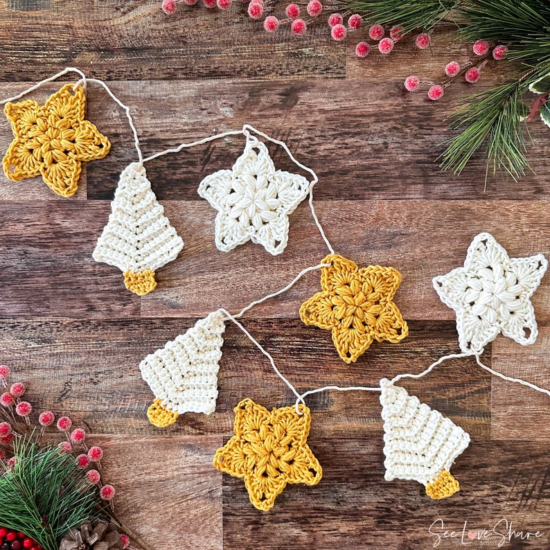 Crochet Christmas Garland Pattern | Trees & Stars Holiday Ornaments Gift Tags | Beginner Friendly Christmas Decor | PDF Instant Download image 1