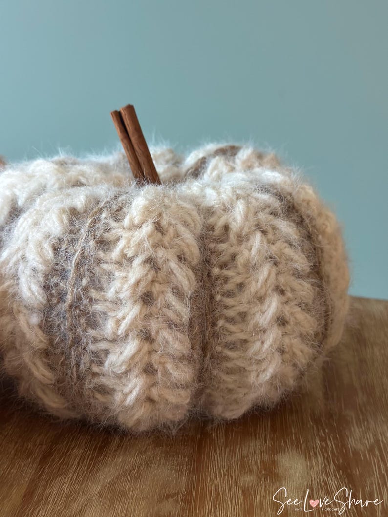 Close-up of ribbed crochet pumpkin showing puff stitch texture and color-changing yarn technique for handmade autumn decoration