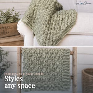 May include: A sage green knitted blanket with a textured cable pattern. The blanket is draped over a white sofa in the top panel and hangs over a wooden ladder in the bottom panel. The text reads: FROM SOFA TO BLANKET LADDER Styles any space.