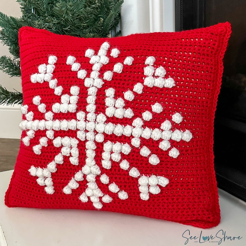 Snowflake Bobble Stitch Pillow Crochet PATTERN Pillow Christmas Cover Farmhouse Decor Crochet Cushion Pattern Holiday DIY Handmade image 2