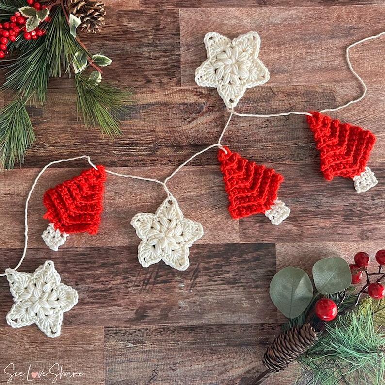 Crochet Christmas Garland Pattern | Trees & Stars Holiday Ornaments Gift Tags | Beginner Friendly Christmas Decor | PDF Instant Download image 8