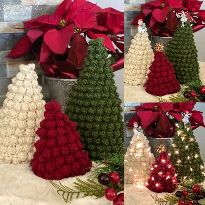 Crochet Bobble Stitch Christmas Tree Trio PATTERN, decor, hostess gift, handmade, ornament image 1