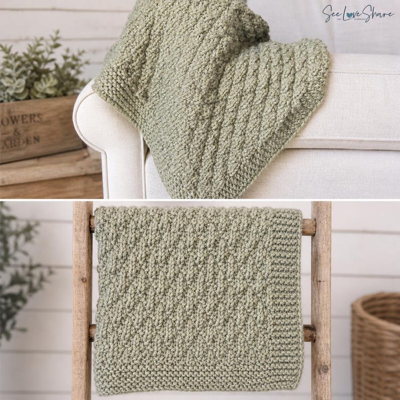 May include: A sage green knitted blanket featuring a textured diamond pattern throughout the fabric. The blanket has a thick, uniform border and a soft, chunky yarn construction, displaying a consistent knit stitch design across the entire surface.