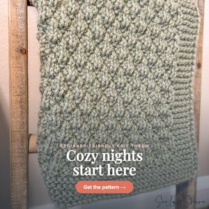May include: A sage green knit throw blanket featuring a textured diamond pattern and a garter stitch border. The text on the blanket reads: BEGINNER-FRIENDLY KNIT THROW, Cozy nights start here, and Get the pattern with an arrow icon.
