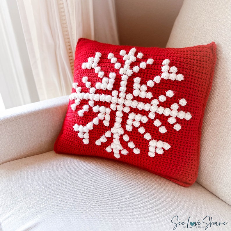 Snowflake Bobble Stitch Pillow Crochet PATTERN Pillow Christmas Cover Farmhouse Decor Crochet Cushion Pattern Holiday DIY Handmade image 7