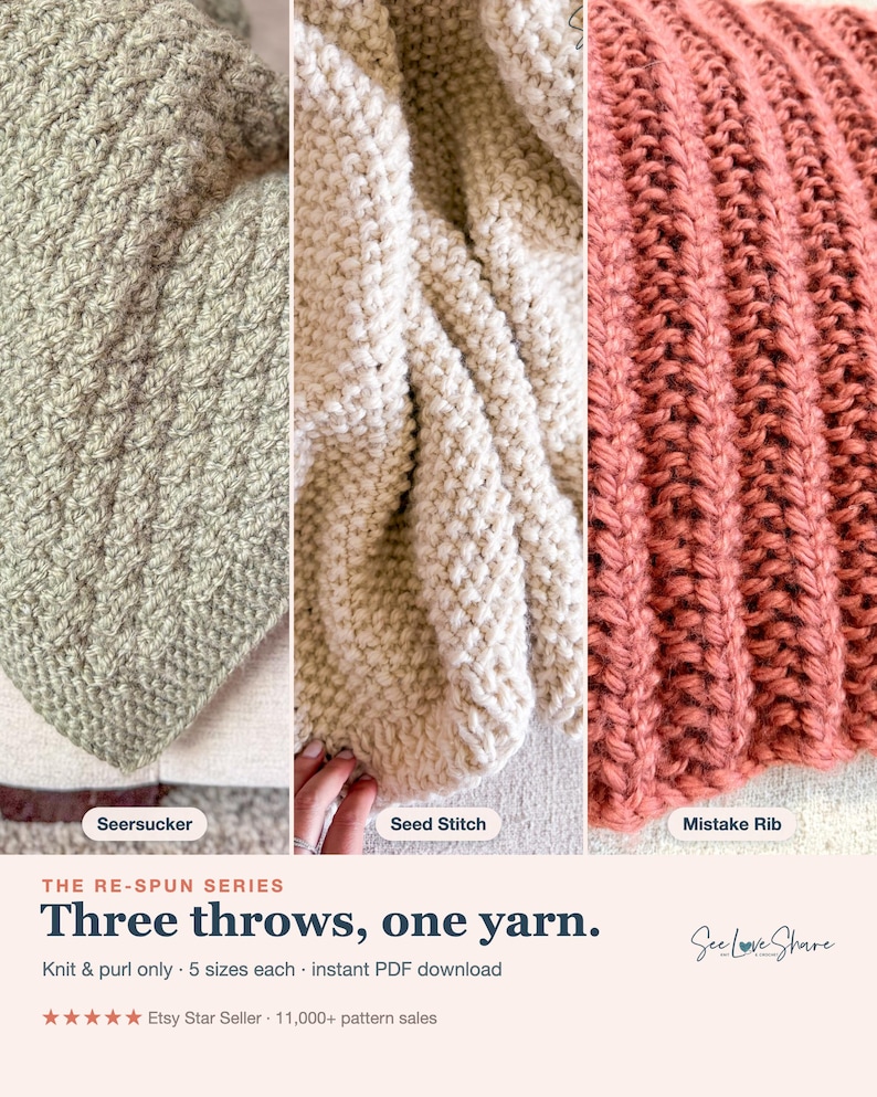 May include: Three knitted throws in sage green, cream, and dusty rose. The textures are labelled as Seersucker, Seed Stitch, and Mistake Rib. Text reads: THE RE-SPUN SERIES, Three throws, one yarn, Knit & purl only, 5 sizes each, instant PDF download.