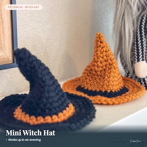 May include: Two crocheted mini witch hats, one primarily black with an orange band and one primarily orange with a black band. The text "PATTERN 03 - WITCH HAT" and "Mini Witch Hat - Works up in an evening" is visible on the image overlay.