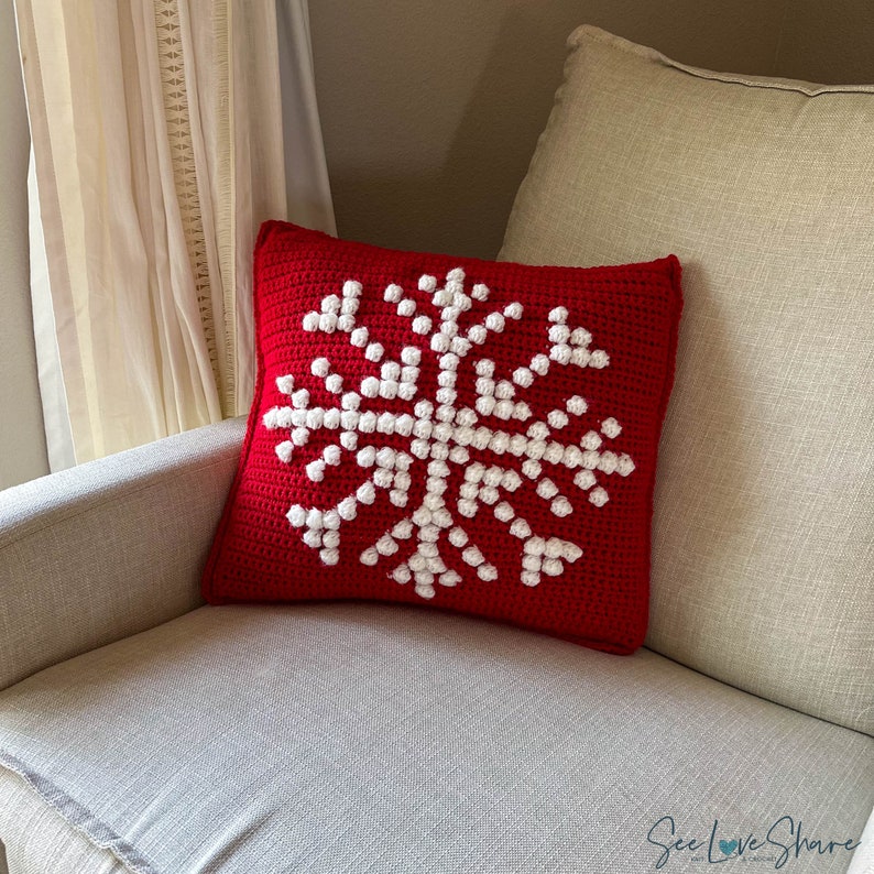 Snowflake Bobble Stitch Pillow Crochet PATTERN Pillow Christmas Cover Farmhouse Decor Crochet Cushion Pattern Holiday DIY Handmade image 9