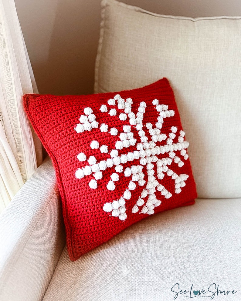 Snowflake Bobble Stitch Pillow Crochet PATTERN Pillow Christmas Cover Farmhouse Decor Crochet Cushion Pattern Holiday DIY Handmade image 6