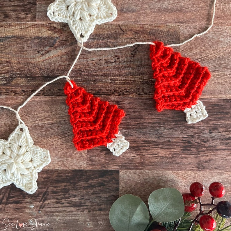 Crochet Christmas Garland Pattern | Trees & Stars Holiday Ornaments Gift Tags | Beginner Friendly Christmas Decor | PDF Instant Download image 10