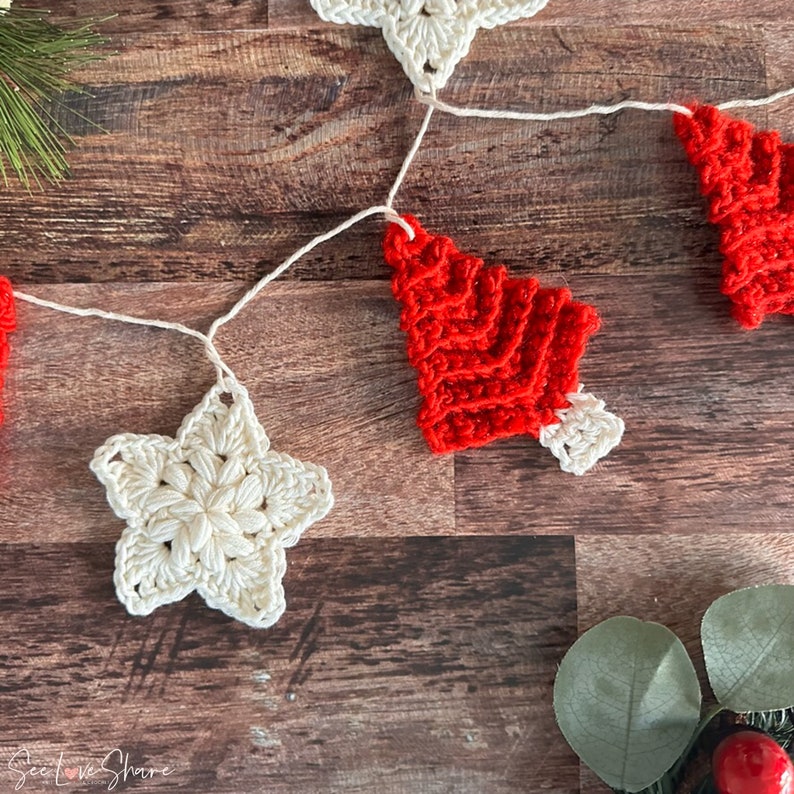 Crochet Christmas Garland Pattern | Trees & Stars Holiday Ornaments Gift Tags | Beginner Friendly Christmas Decor | PDF Instant Download image 9