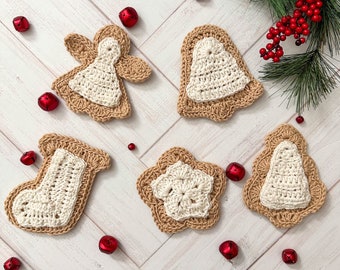 FULL SET of Christmas Sugar Cookie Ornaments Angel, Tree, Star, Stocking & Bell  - Crochet Pattern, gift, present, decor, handmade