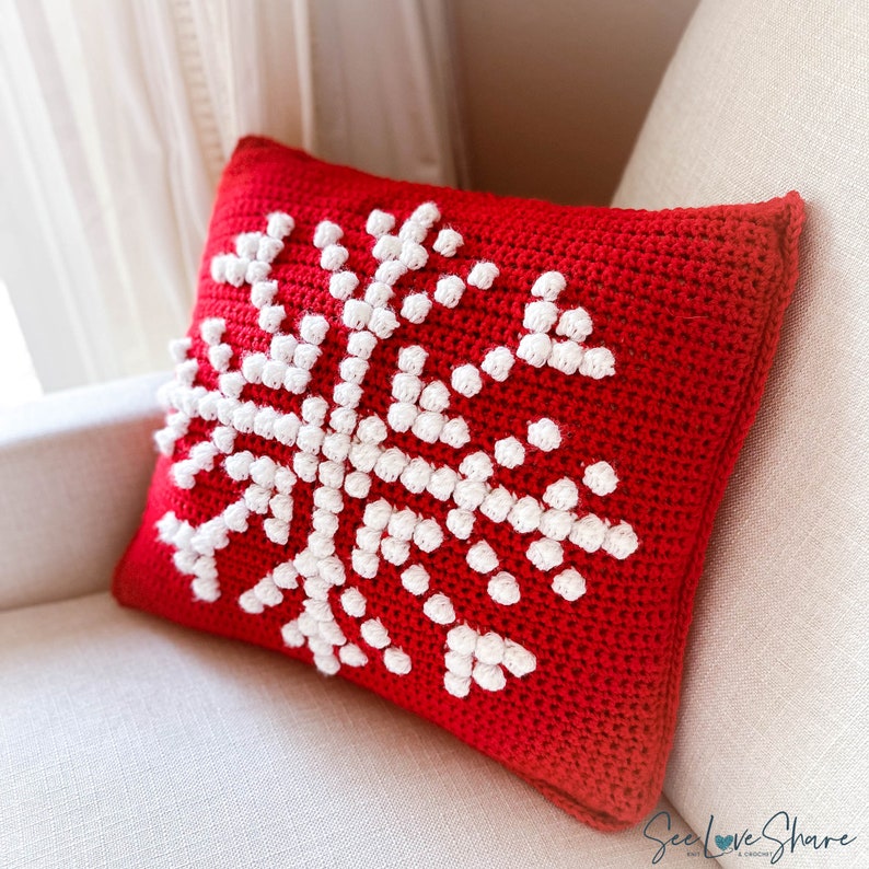 Snowflake Bobble Stitch Pillow Crochet PATTERN Pillow Christmas Cover Farmhouse Decor Crochet Cushion Pattern Holiday DIY Handmade image 5