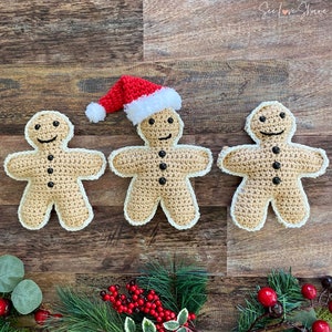 Gingerbread Man Crochet Stuffy with BONUS Santa Hat Crochet PATTERN - Christmas Garland, Ornament, Pillow, Toy, Gift