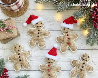 Crochet Gingerbread Man Stuffy Crochet Christmas PATTERN with BONUS Santa Hat - Garland, Ornament, Pillow, Toy, Gift