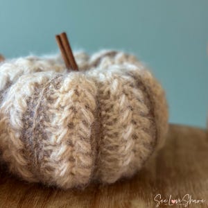 Close-up of ribbed crochet pumpkin showing puff stitch texture and color-changing yarn technique for handmade autumn decoration