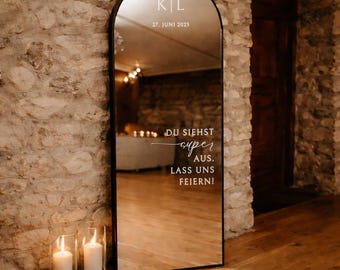 Willkommen zur Hochzeit Sticker, Hochzeitsspiegel Aufkleber, personalisierbar mit Namen und Datum, Spiegel / Plexiglas, Schriftzug, deutsch