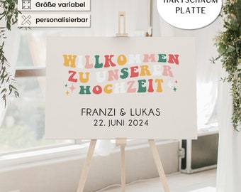 Willkommensschild "Seventies" auf Hartschaumplatte | personalisierbares Hochzeitsschild