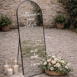 Willkommen zur Hochzeit Sticker, Hochzeitsspiegel Aufkleber, personalisierbar mit Namen und Datum, Spiegel / Plexiglas, Schriftzug, deutsch