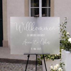 Aufkleber Willkommen zur Hochzeit, Sticker, quer, personalisierbar mit Namen und Datum, Spiegel / Plexiglas / Holz, Schriftzug, deutsch