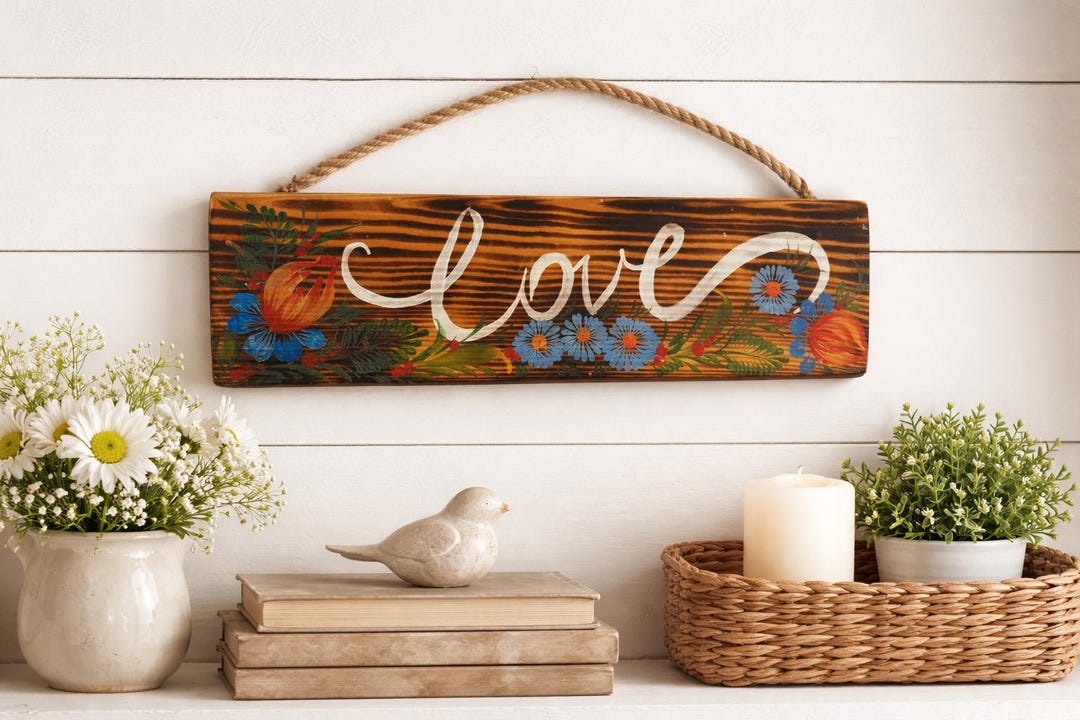 Rustic Love Handmade Rustic Love Wood Sign, Floral Folk Art, Farmhouse Decor - Etsy