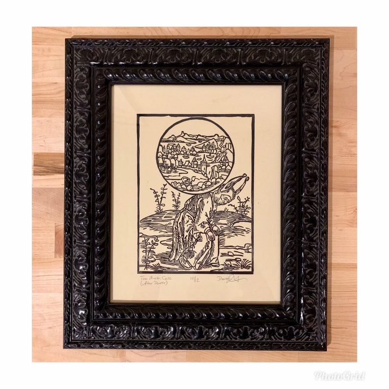 Handmade Linocut Fine Art Print Durer Fool Jester Wall Art