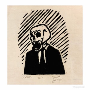 Handmade Linocut Fine Art Print Wall Art - Scream - Skull Skeleton Original Art