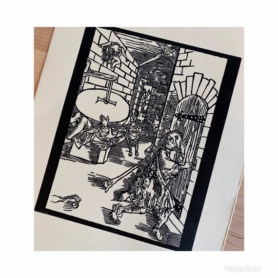 Handmade Linocut Fine Art Print Durer Fool Jester Wall Art