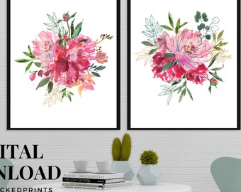 Conjunto de estampados florales de acuarela en rosa ruborizado: Arte mural para habitación infantil (descarga digital, 28 x 35 cm/40 x 50 cm)