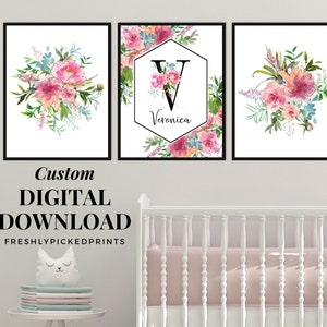 Baby Girls Floral Name Poster | Girls Room Decor Nursery Gift Print | Blush Pink Flowers