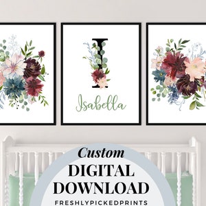 Baby Girls Floral Name Poster | Girls Room Decor Nursery Gift Print | Custom Initial Print | Floral Letter
