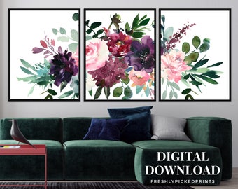 Wine flowers, Blush florals, Burgundy Roses, Watercolor Bouquet | Downloadable Art | Digital Printable Wall Art