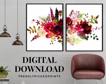 Watercolor Flower Bouquet Print Set, Floral Wall Art (Digital Download)