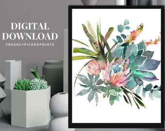 Succulent Printable Wall Art, Watercolor Cactus Floral Digital Download