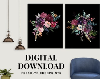 Puede incluir: Dos impresiones artísticas florales enmarcadas con fondo negro. Los ramos presentan flores de acuarela en tonos morados, rosas y verdes. El texto "DIGITAL DOWNLOAD" y "FRESHLYPICKEDPRINTS" está en la parte inferior de la imagen.