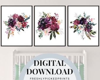 Burgundy Floral Watercolor Bouquet Print | Set of 3 (Digital Download)
