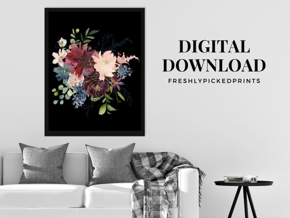 Floral Printable Wall Art Digital Download Navy Blue Floral Maroon Burgundy Roses Blush Florals