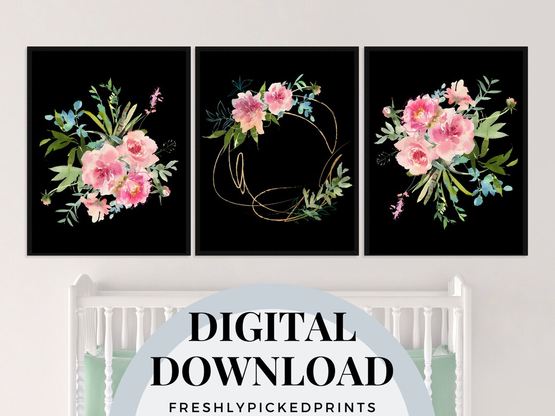 Pink Watercolor Nursery Floral Decor | Flower Bouquet Set of 3 ...
