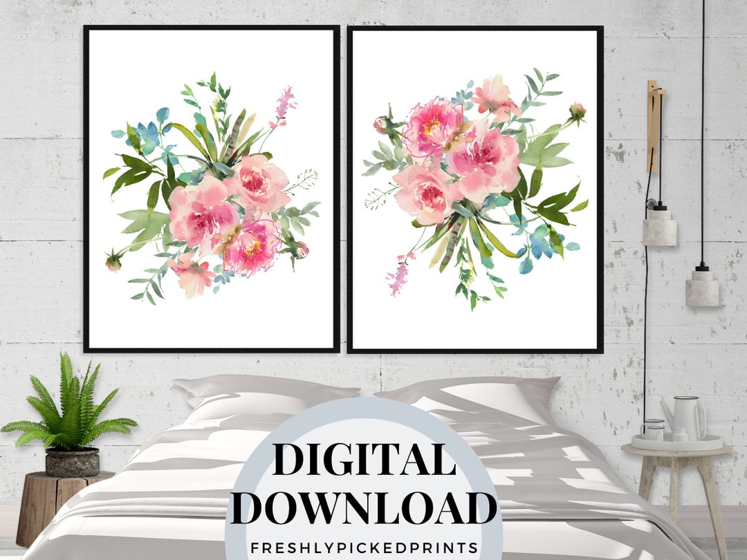 Blush Pink Floral Watercolor Prints: Flower Bouquet Wall Art (set of 2 ...