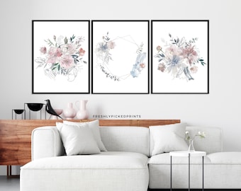 Pink Watercolor Floral Print Set: Flower Bouquet Wall Art (Digital Download, 16x20in JPGs