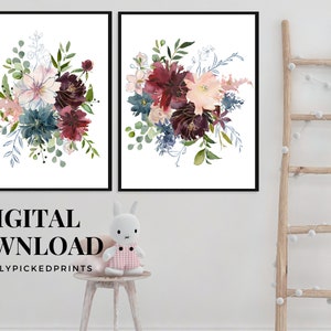May include: Two framed floral art prints featuring watercolor bouquets in shades of burgundy, blue, and pink, with green foliage. The prints are set against a white background. Text at the bottom reads "DIGITAL DOWNLOAD" and "FRESHLYPICKEDPRINTS".