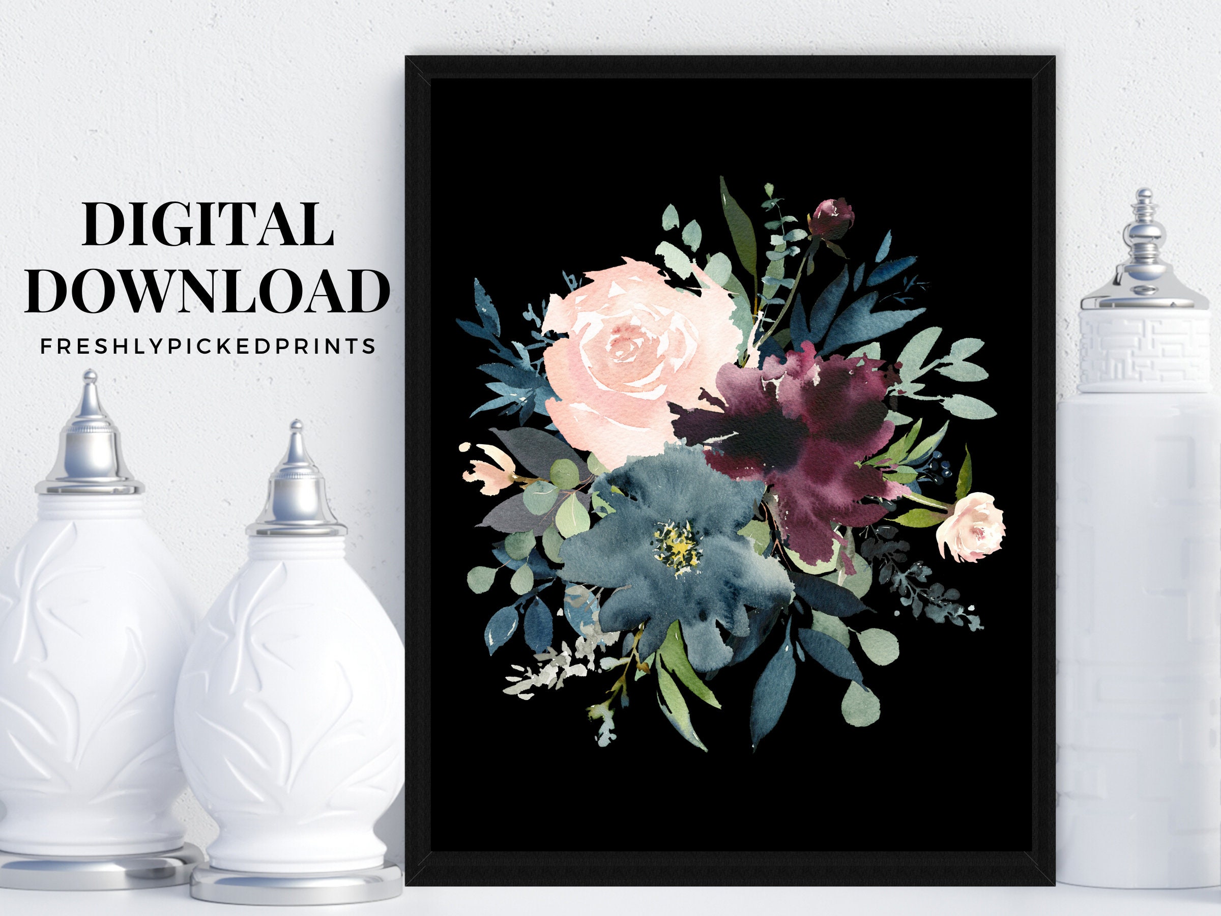 Watercolor Flowers Blush Pink Burgundy Wine Navy Blue | Etsy